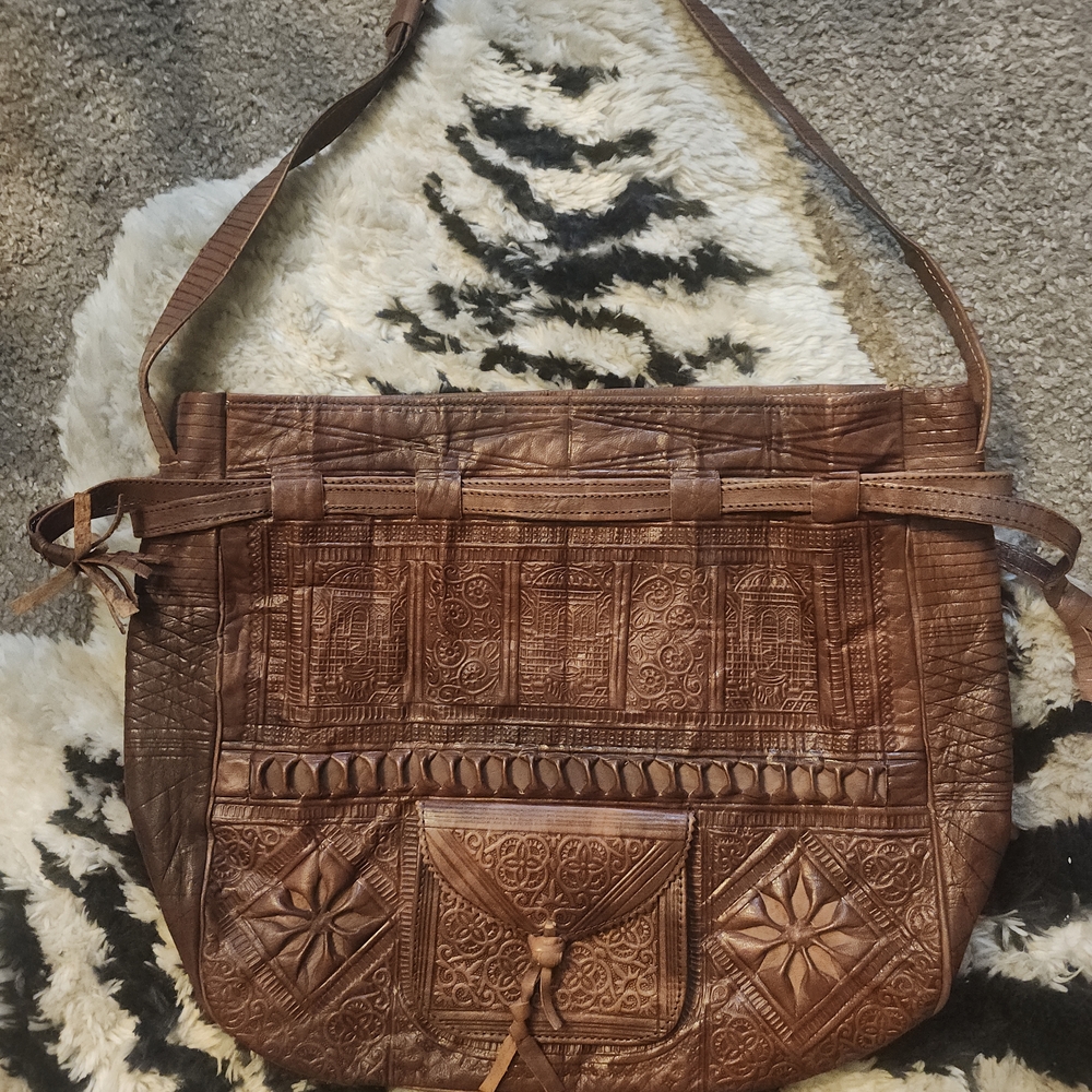 Handmade, MOROCCAN Brown Embossed Leather Shoulder Bag